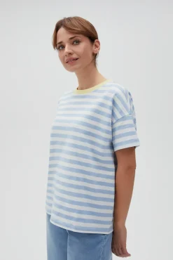 Bluzy Wiosenne|Bluzy Damskie Bez Kaptura>Moodo Bawełniana bluza w paski z krótkimi rękawami błękitna