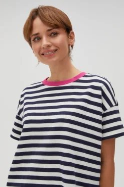 Bluzy Wiosenne|Bluzy Damskie Bawełniane>Moodo Bawełniana bluza w paski z krótkimi rękawami granatowa