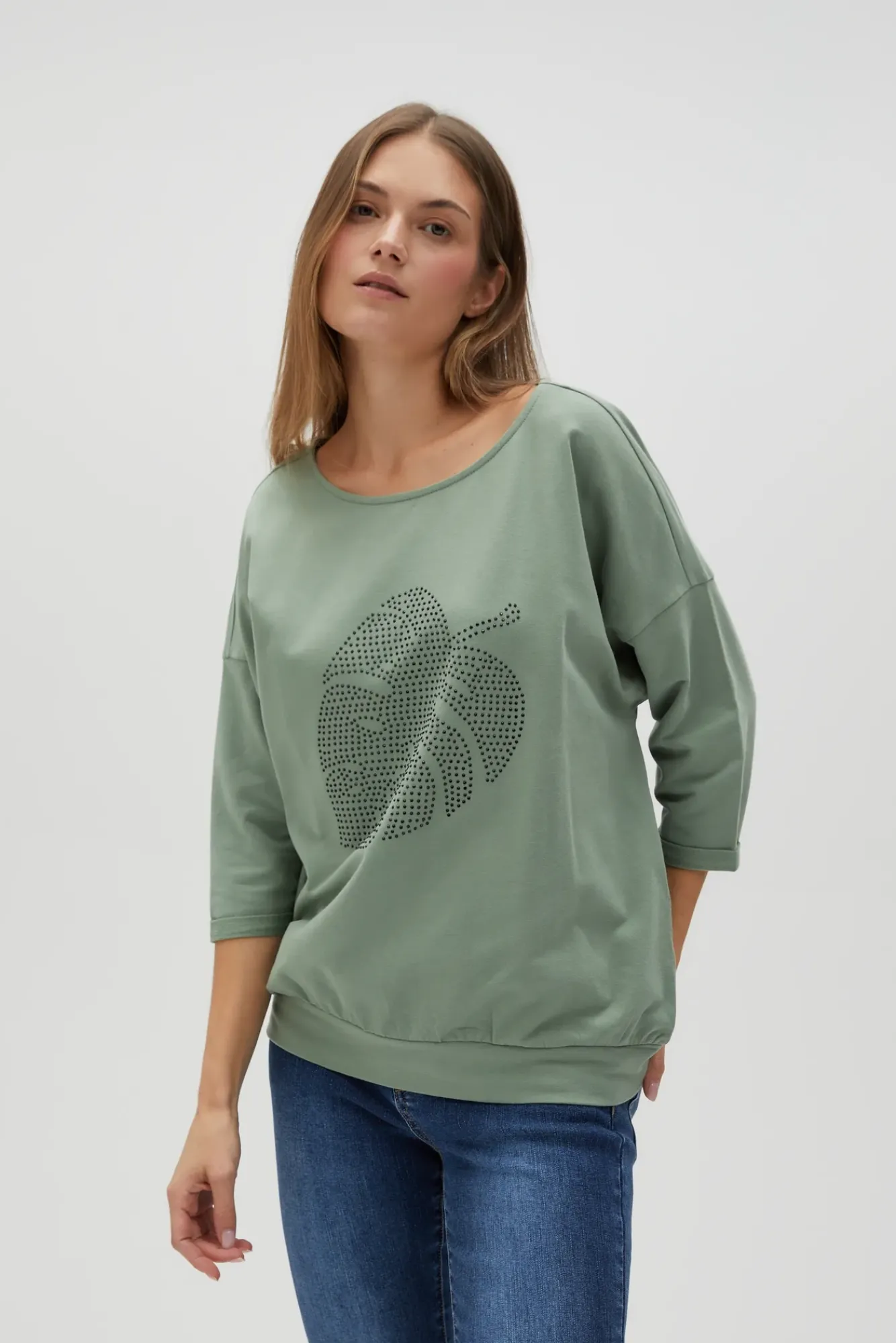 Bluzy Wiosenne|Bluzy Damskie Sportowe>Moodo Bawełniana bluza z rękawami 3/4 oliwkowa