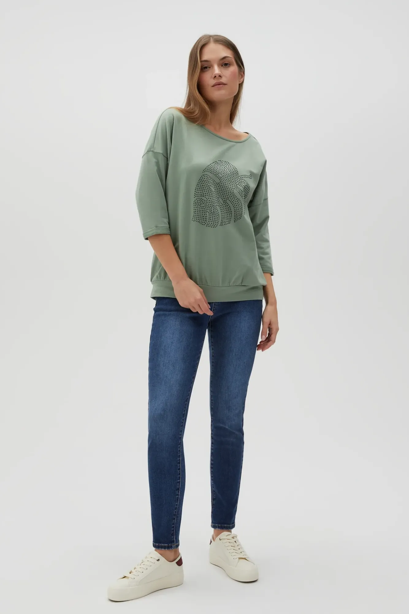 Bluzy Wiosenne|Bluzy Damskie Sportowe>Moodo Bawełniana bluza z rękawami 3/4 oliwkowa