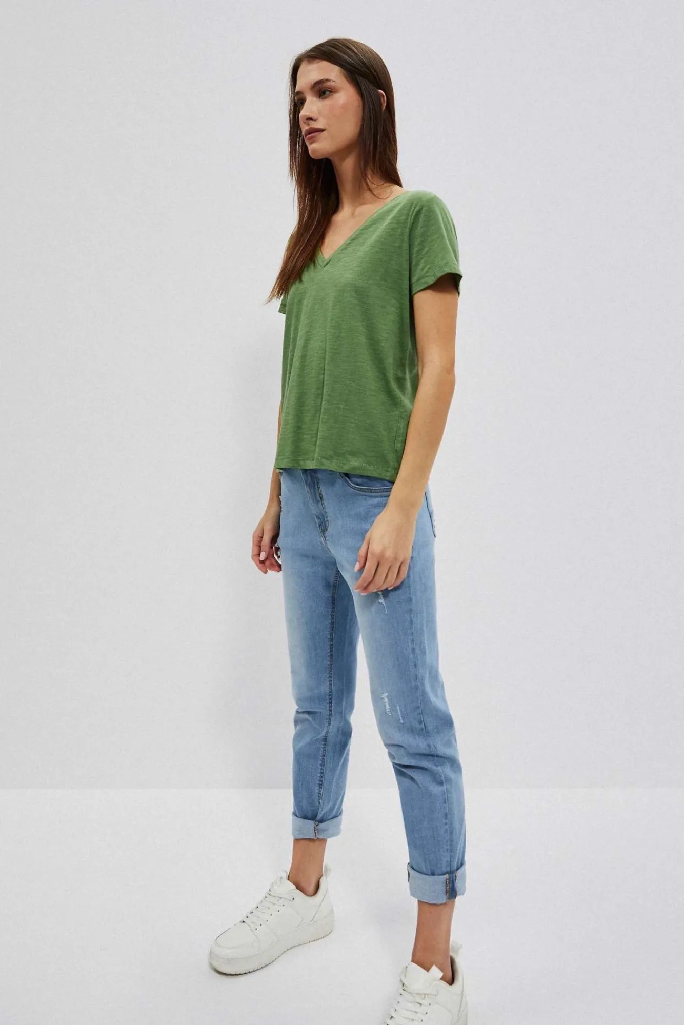 Bluzki Bawełniane|Bluzki Z Krótkim Rękawem>Moodo Bawełniana bluzka z dekoltem w serek oliwkowa