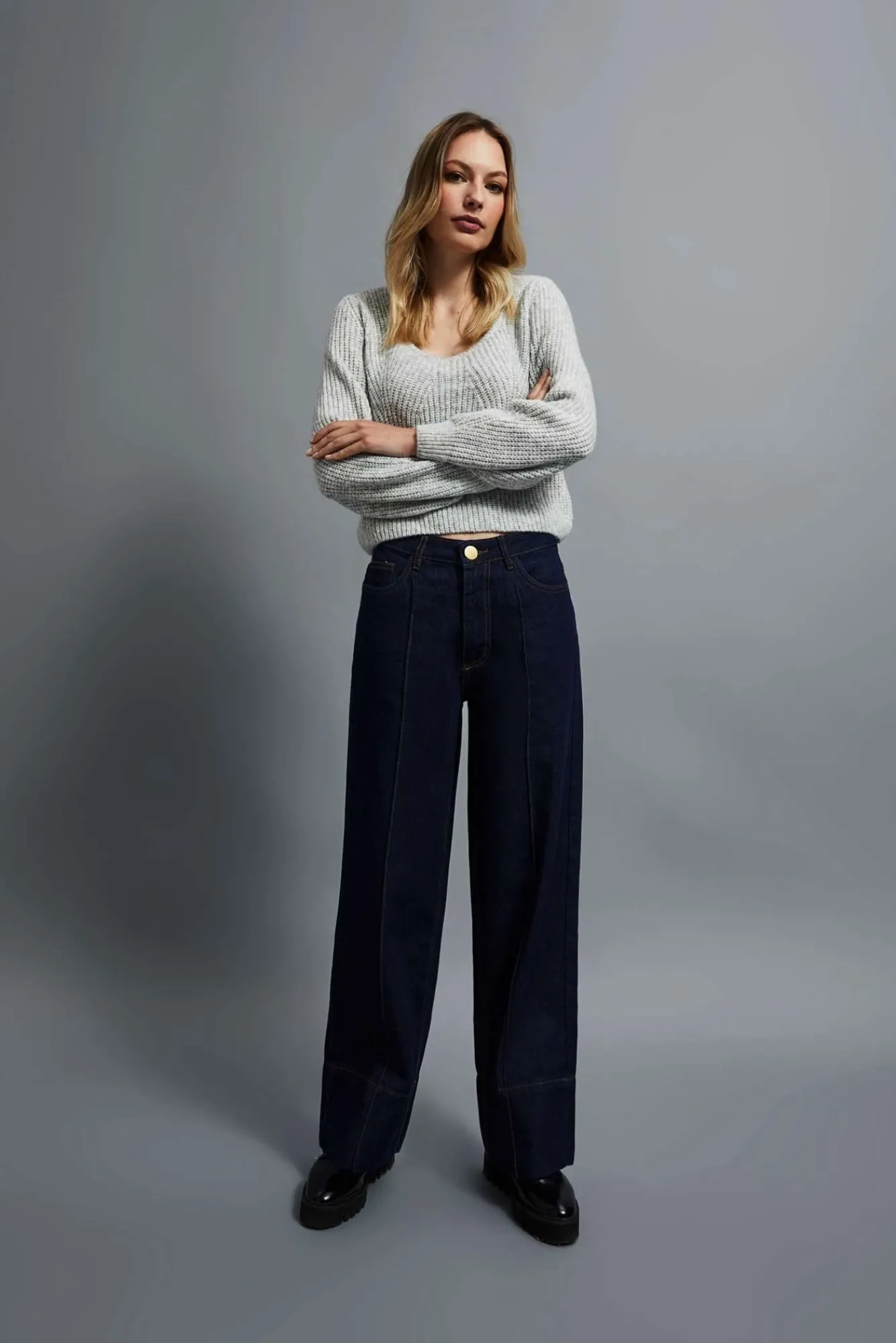 Jeansy Dzwony|Jeansy Z Wysokim Stanem>Moodo Bawełniane jeansy wide leg granatowe