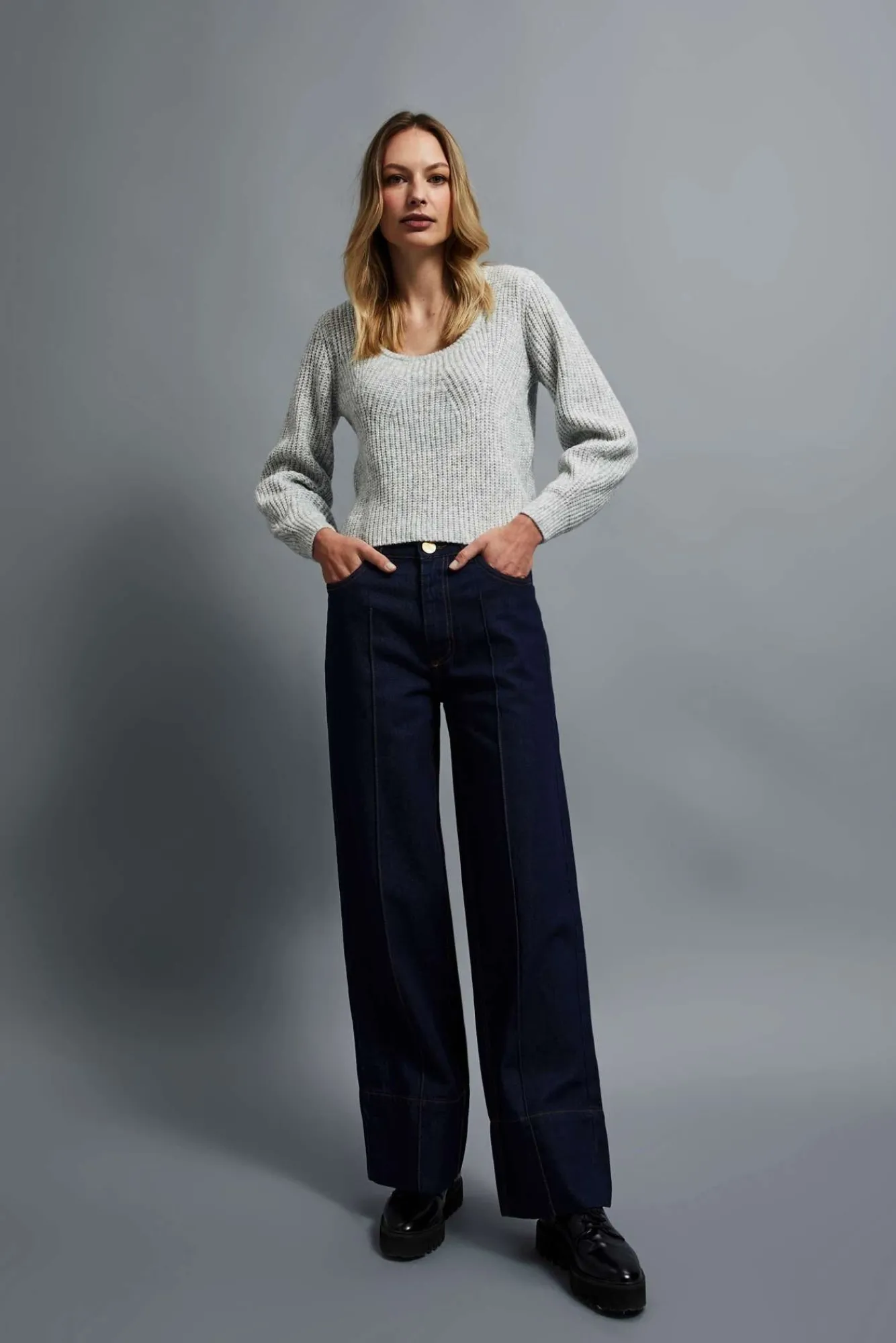 Jeansy Dzwony|Jeansy Z Wysokim Stanem>Moodo Bawełniane jeansy wide leg granatowe
