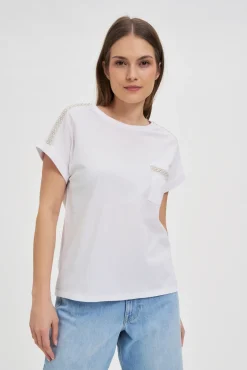 Bluzki Biale|Bluzki Bawełniane>Moodo Bawełniany t-shirt ozdobiony koralikami biały