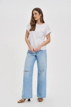 Bluzki Biale|Bluzki Bawełniane>Moodo Bawełniany t-shirt ozdobiony koralikami biały
