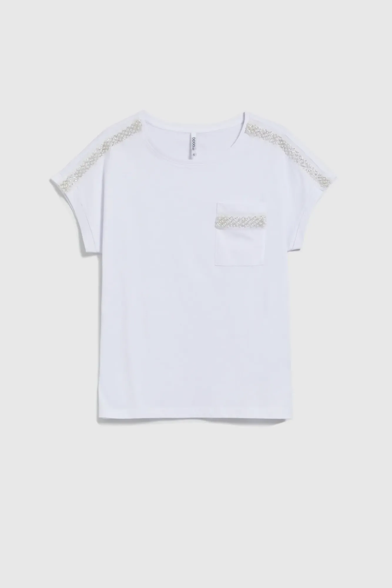 Bluzki Biale|Bluzki Bawełniane>Moodo Bawełniany t-shirt ozdobiony koralikami biały