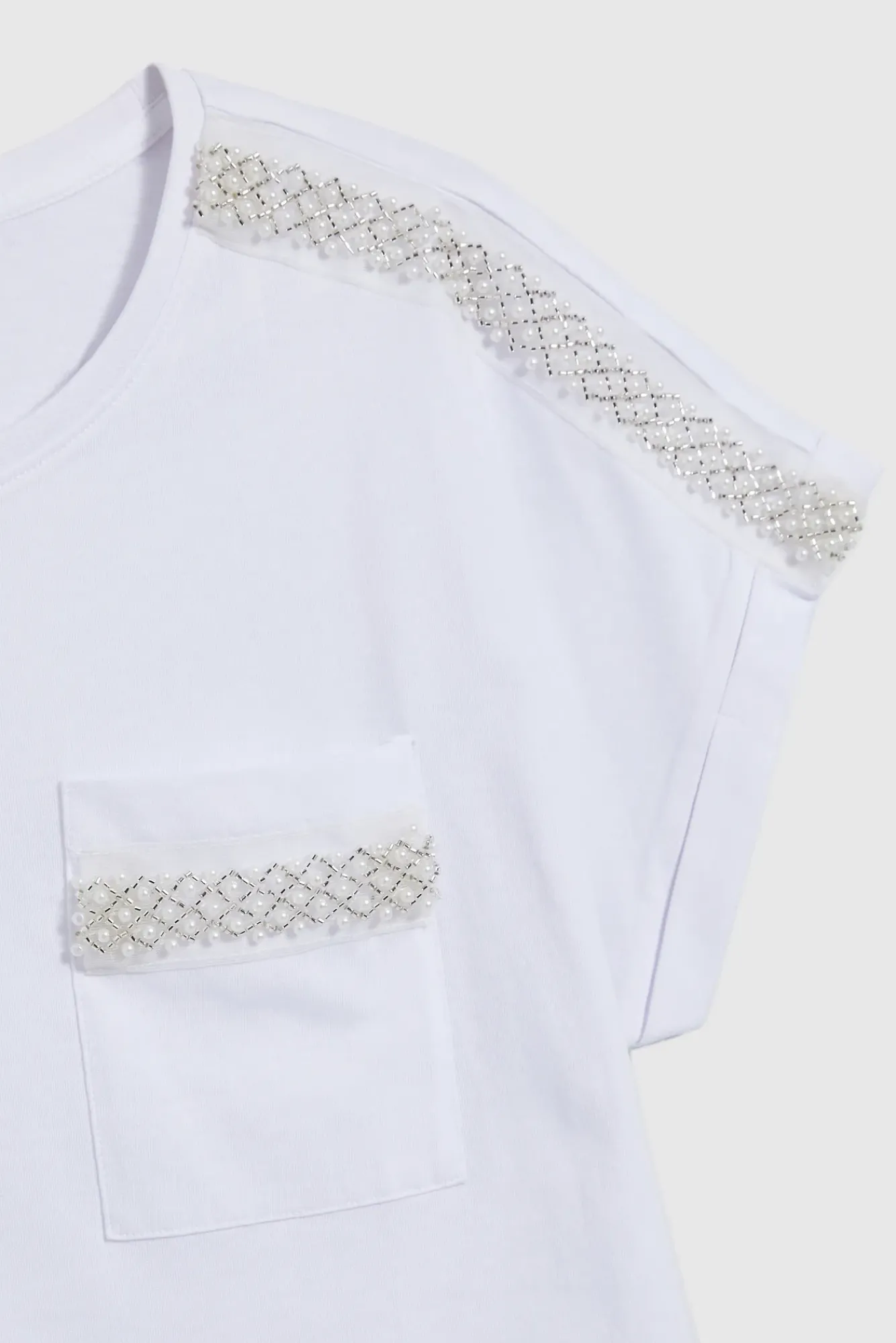 Bluzki Biale|Bluzki Bawełniane>Moodo Bawełniany t-shirt ozdobiony koralikami biały