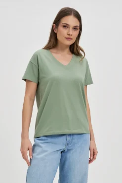Bluzki Zielone|Bluzki Z Dekoltem W Serek>Moodo Bawełniany t-shirt z dekoltem w serek oliwkowy