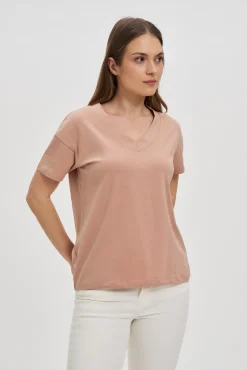 Bluzki Beżowe|Bluzki Z Dekoltem W Serek>Moodo Bawełniany t-shirt z dekoltem w serek beżowy