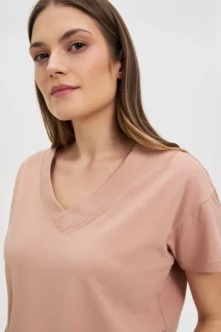 Bluzki Beżowe|Bluzki Z Dekoltem W Serek>Moodo Bawełniany t-shirt z dekoltem w serek beżowy