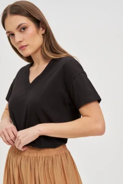 Bluzki Czarne|Bluzki Z Dekoltem W Serek>Moodo Bawełniany t-shirt z dekoltem w serek czarny