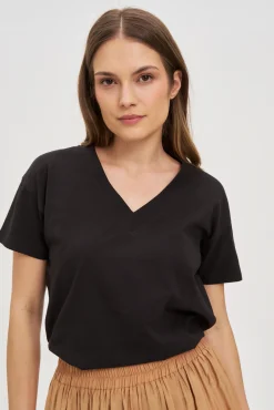 Bluzki Czarne|Bluzki Z Dekoltem W Serek>Moodo Bawełniany t-shirt z dekoltem w serek czarny