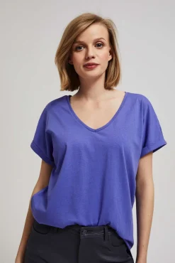 Bluzki Biale|Bluzki Bawełniane>Moodo Bawełniany t-shirt z dekoltem w serek fioletowy