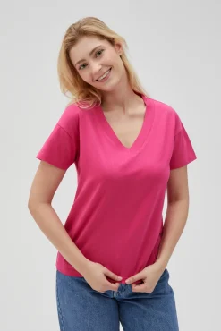 Bluzki Z Dekoltem W Serek|Bluzki Bawełniane>Moodo Bawełniany t-shirt z dekoltem w serek fuksjowy