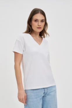 Bluzki Biale|Bluzki Bawełniane>Moodo Bawełniany t-shirt z dekoltem w serek biały