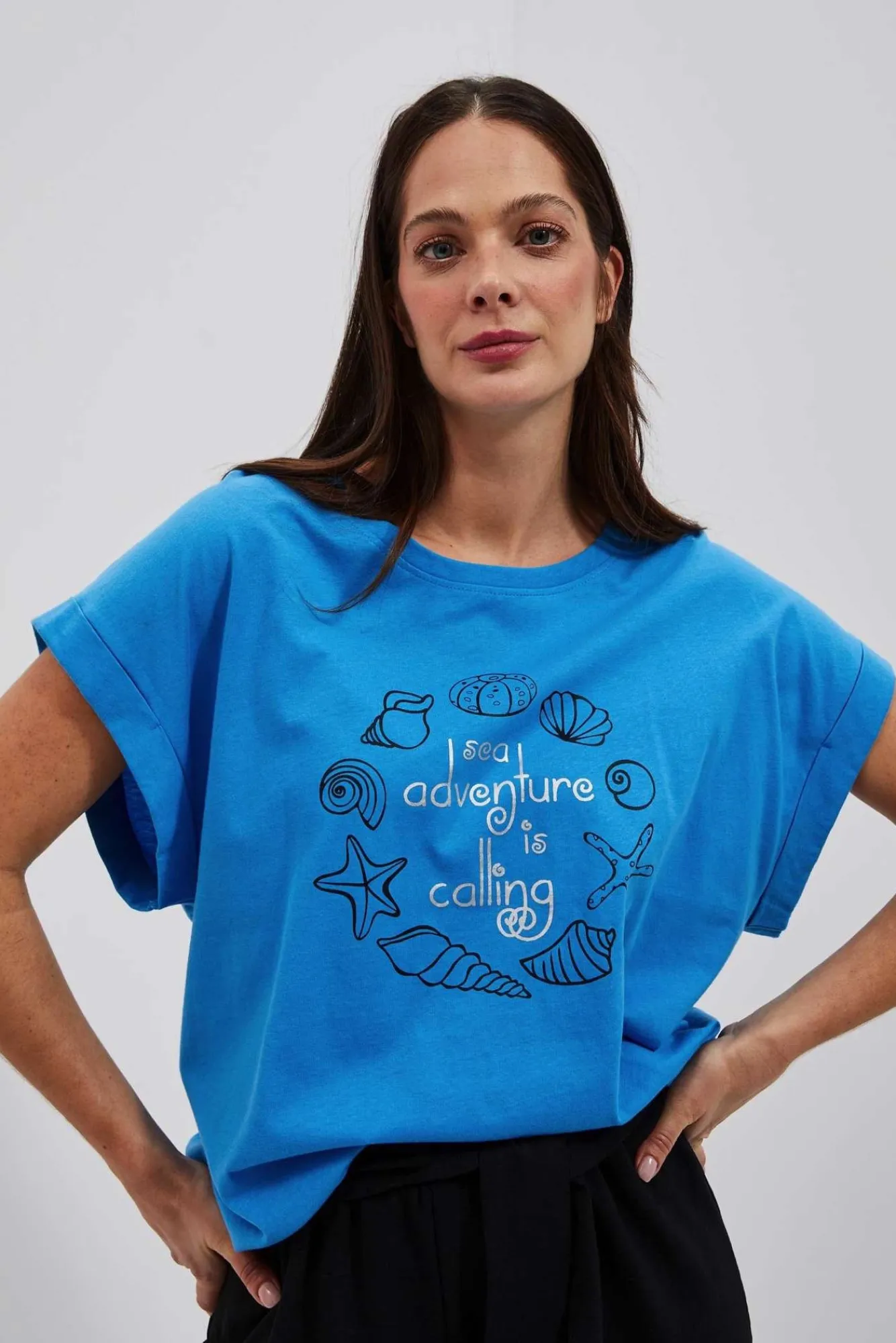Bluzki Bawełniane|Bluzki Z Krótkim Rękawem>Moodo Bawełniany t-shirt z nadrukiem lazurowy