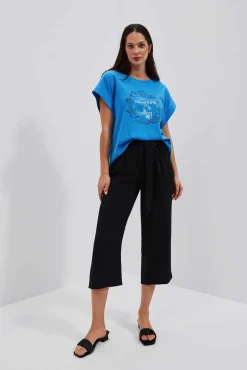 Bluzki Bawełniane|Bluzki Z Krótkim Rękawem>Moodo Bawełniany t-shirt z nadrukiem lazurowy