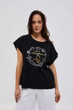 Bluzki Bawełniane|Bluzki Z Krótkim Rękawem>Moodo Bawełniany t-shirt z nadrukiem czarny