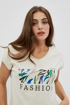 Bluzki Z Dekoltem W Serek|Bluzki Z Krótkim Rękawem>Moodo Bawełniany t-shirt z napisem piaskowy
