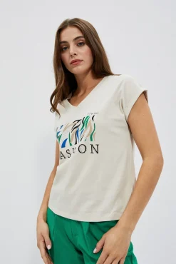 Bluzki Z Dekoltem W Serek|Bluzki Z Krótkim Rękawem>Moodo Bawełniany t-shirt z napisem piaskowy
