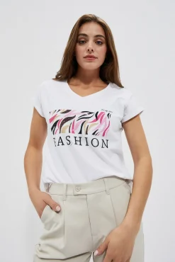 Bluzki Biale|Bluzki Z Dekoltem W Serek>Moodo Bawełniany t-shirt z napisem biały