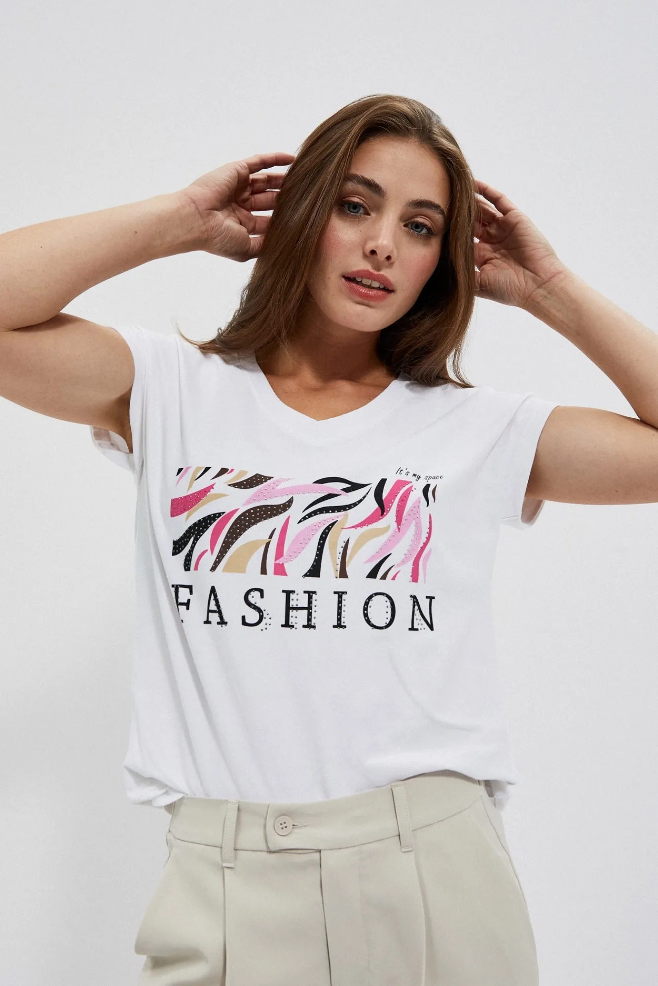 Bluzki Biale|Bluzki Z Dekoltem W Serek>Moodo Bawełniany t-shirt z napisem biały
