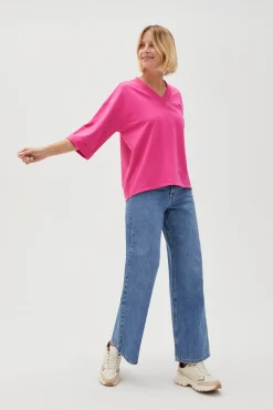 Bluzy Wiosenne|Bluzy Damskie Bez Kaptura>Moodo Bluza oversize z dekoltem w serek fuksjowa