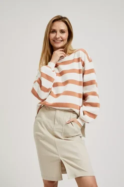 Bluzy Wiosenne|Bluzy Damskie Krótkie>Moodo Bluza w paski z bufiastymi rękawami brązowa
