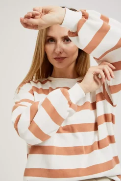 Bluzy Wiosenne|Bluzy Damskie Krótkie>Moodo Bluza w paski z bufiastymi rękawami brązowa