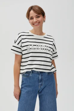 Bluzy Wiosenne|Bluzy Damskie Bawełniane>Moodo Bluza w paski z napisem biała