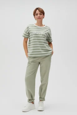 Bluzy Wiosenne|Bluzy Damskie Bawełniane>Moodo Bluza w paski z napisem oliwkowa