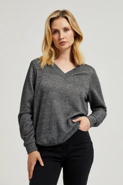 Bluzy Damskie Bez Kaptura|Bluzy Damskie Oversize>Moodo Bluza z dekoltem w serek i metalizowaną nitką szara