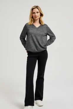 Bluzy Damskie Bez Kaptura|Bluzy Damskie Oversize>Moodo Bluza z dekoltem w serek i metalizowaną nitką szara