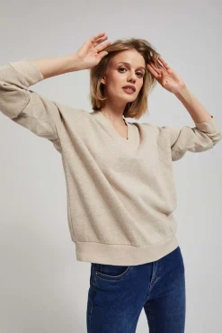 Bluzy Zimowe|Bluzy Damskie Bawełniane>Moodo Bluza z dekoltem w serek piaskowa
