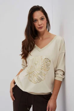 Bluzy Wiosenne|Bluzy Damskie Bez Kaptura>Moodo Bluza z dekoltem w serek i nadrukiem piaskowa