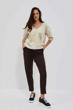 Bluzy Wiosenne|Bluzy Damskie Bez Kaptura>Moodo Bluza z dekoltem w serek i nadrukiem piaskowa