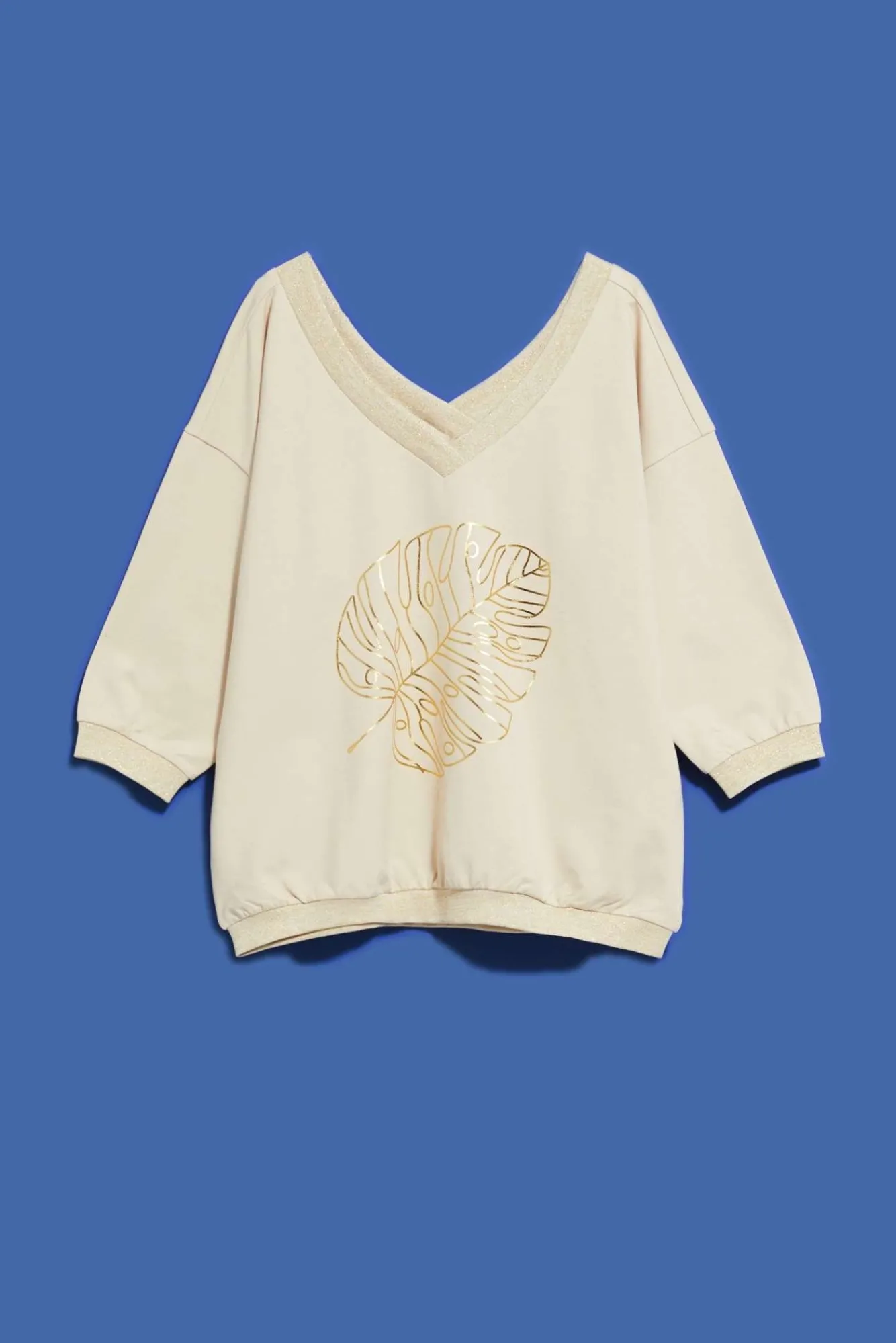 Bluzy Wiosenne|Bluzy Damskie Bez Kaptura>Moodo Bluza z dekoltem w serek i nadrukiem piaskowa
