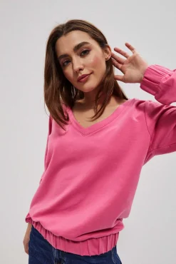Bluzy Wiosenne|Bluzy Damskie Sportowe>Moodo Bluza z dekoltem w serek różowa