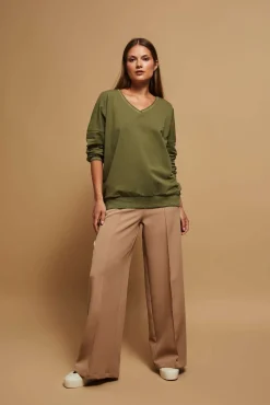 Bluzy Damskie Kolorowe|Bluzy Zimowe>Moodo Bluza z dekoltem w serek oliwkowa