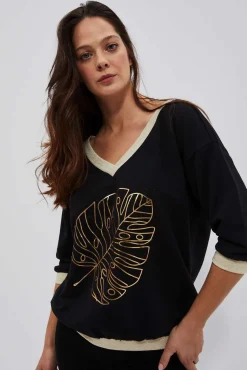 Bluzy Damskie Czarne|Bluzy Wiosenne>Moodo Bluza z dekoltem w serek i nadrukiem czarna