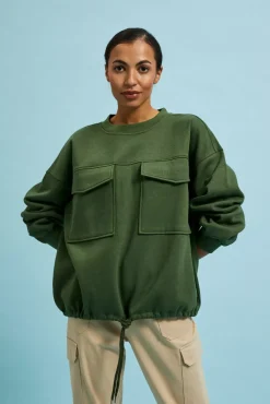Bluzy Wiosenne|Bluzy Damskie Bez Kaptura>Moodo Bluza z dużymi kieszeniami i wiązaniem w pasie khaki