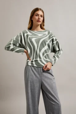 Bluzy Damskie Bez Kaptura|Bluzy Damskie Oversize>Moodo Bluza z geometrycznym wzorem i długimi rękawami oliwkowa