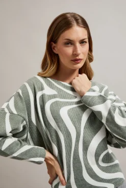 Bluzy Damskie Bez Kaptura|Bluzy Damskie Oversize>Moodo Bluza z geometrycznym wzorem i długimi rękawami oliwkowa