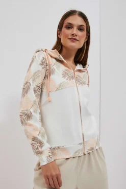 Bluzy Damskie Białe|Bluzy Wiosenne>Moodo Bluza z kapturem i nadrukiem liści perłowa