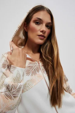 Bluzy Damskie Białe|Bluzy Wiosenne>Moodo Bluza z kapturem i nadrukiem liści perłowa