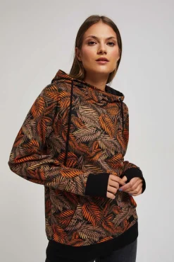 Bluzy Damskie Czarne|Bluzy Damskie Kolorowe>Moodo Bluza z kapturem i nadrukiem liści czarna