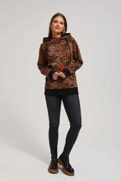 Bluzy Damskie Czarne|Bluzy Damskie Kolorowe>Moodo Bluza z kapturem i nadrukiem liści czarna