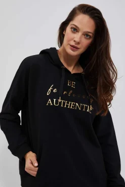 Bluzy Damskie Czarne|Bluzy Wiosenne>Moodo Bluza z kapturem i ozdobnym napisem  czarna