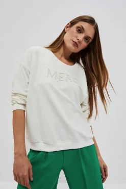 Bluzy Damskie Białe|Bluzy Wiosenne>Moodo Bluza z napisem perłowa