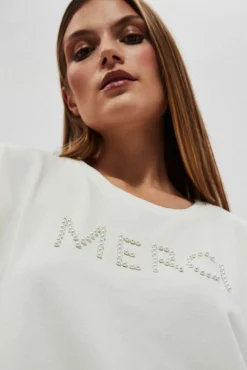 Bluzy Damskie Białe|Bluzy Wiosenne>Moodo Bluza z napisem perłowa